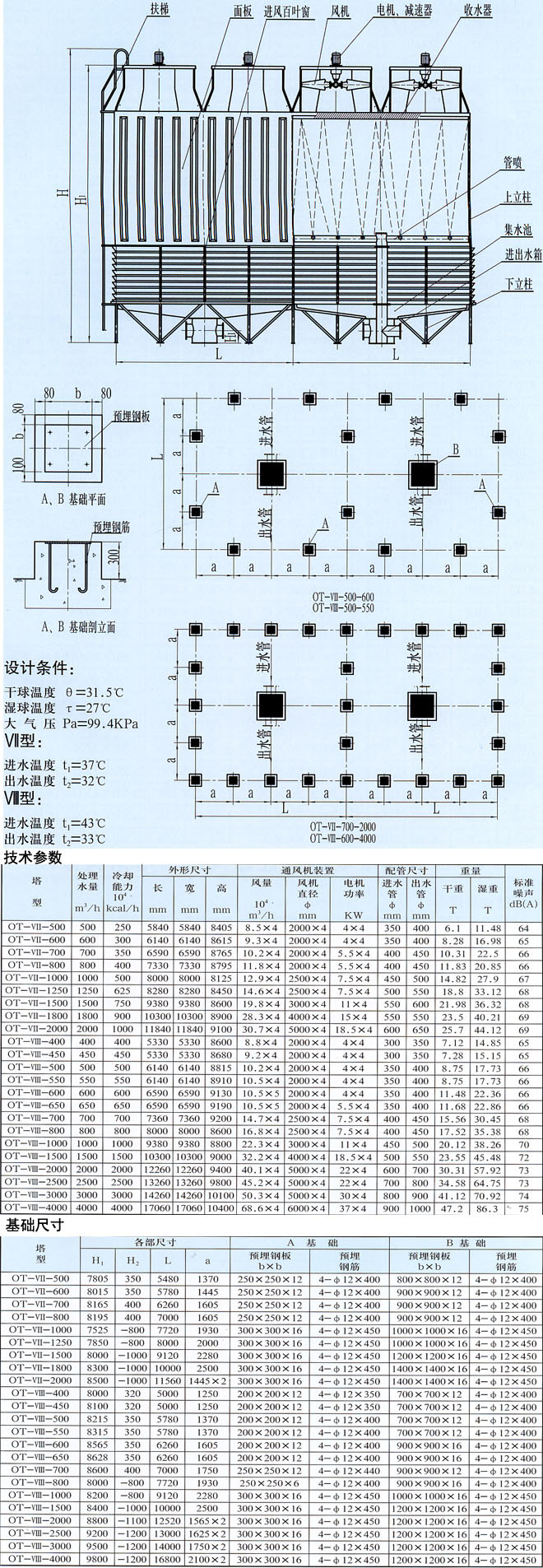 OT-VII OT-VIII 多(duō)风机方形逆流机力喷雾式工(gōng)业型冷却塔(低噪声冷却塔)